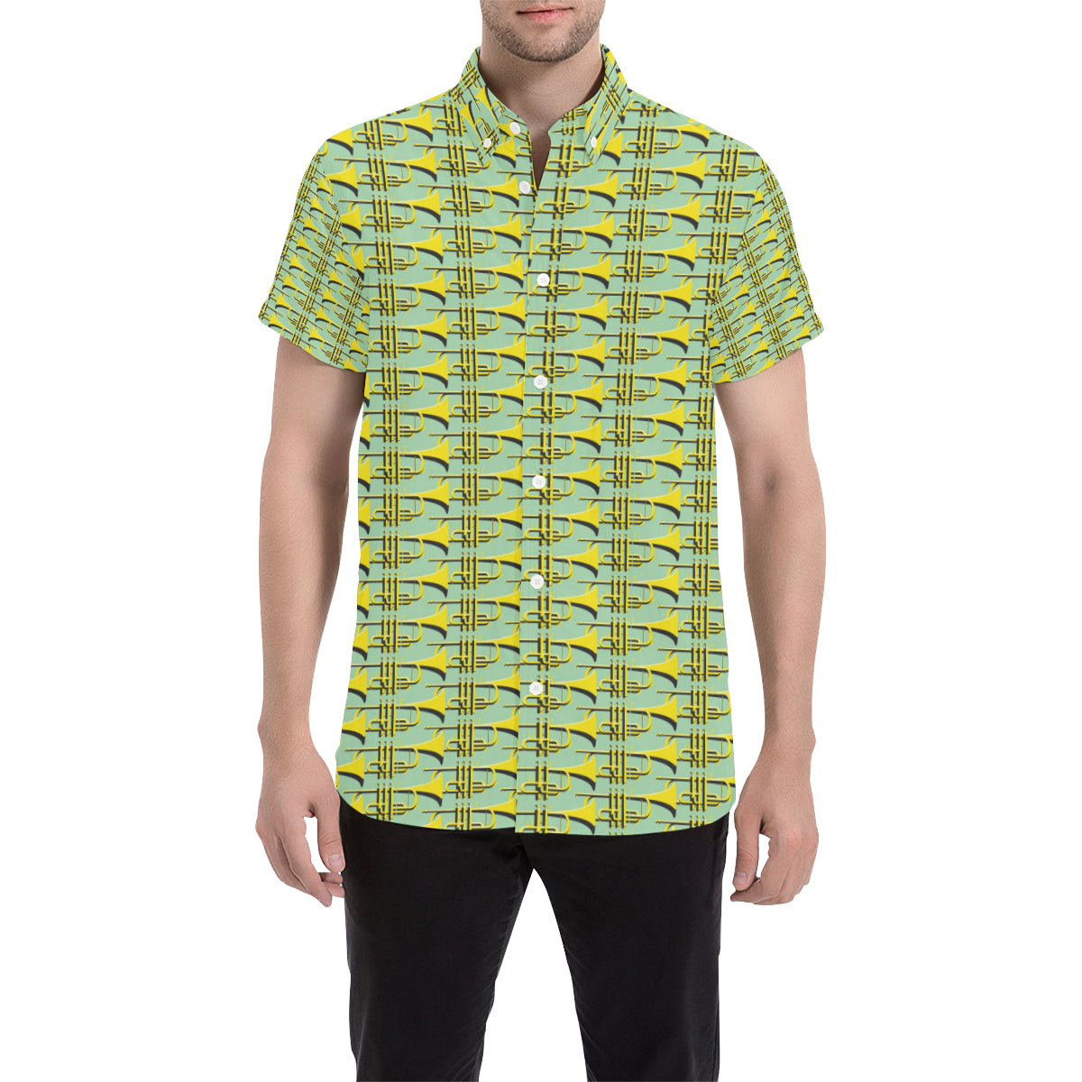 Trumpet Vintage Design Print Men's Short Sleeve Button Up Shirt