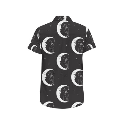 Moon with Cat Pattern Print Design 04 Men's Short Sleeve Button Up Shirt