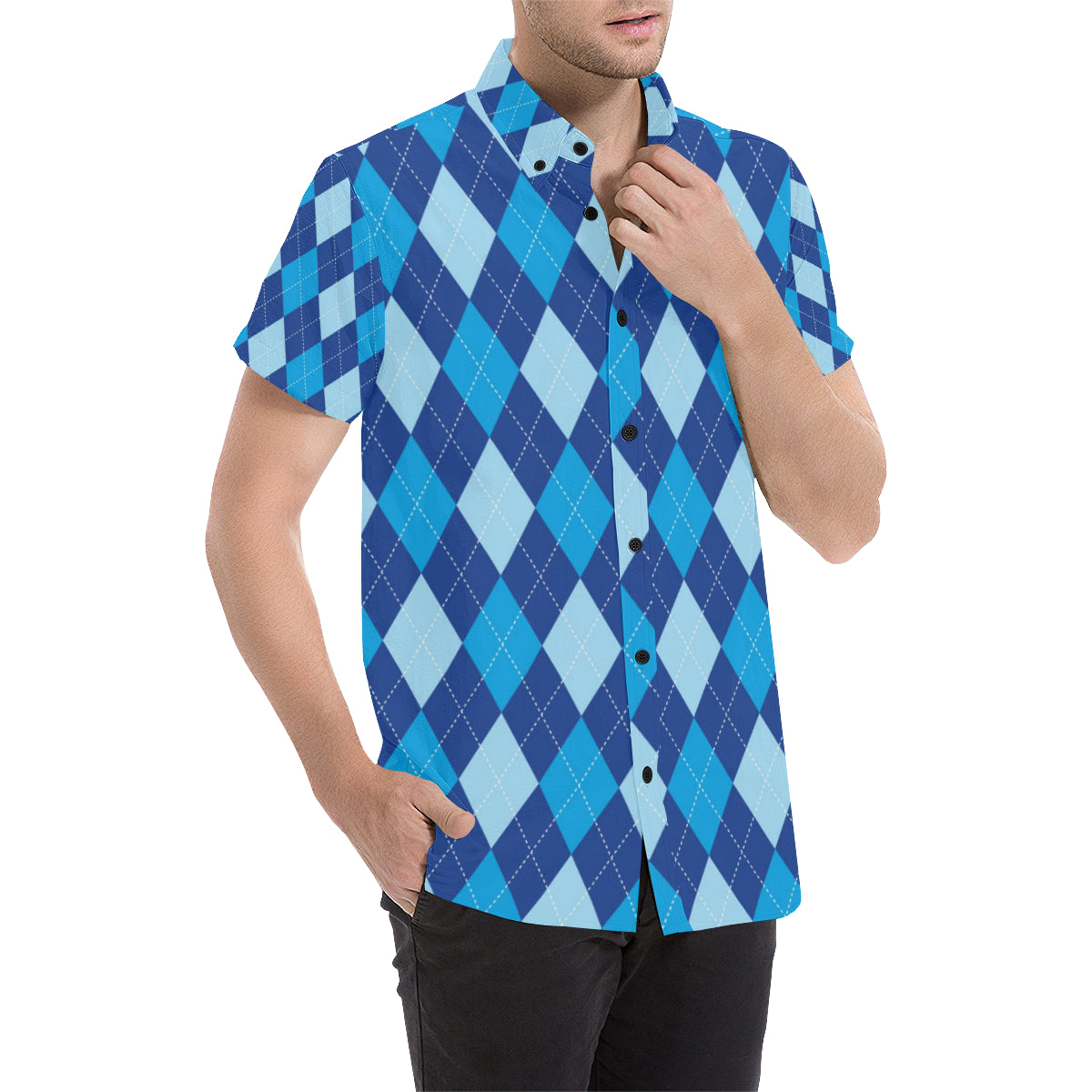 Argyle Blue Pattern Print Design 02 Men's Short Sleeve Button Up Shirt