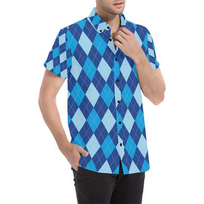 Argyle Blue Pattern Print Design 02 Men's Short Sleeve Button Up Shirt
