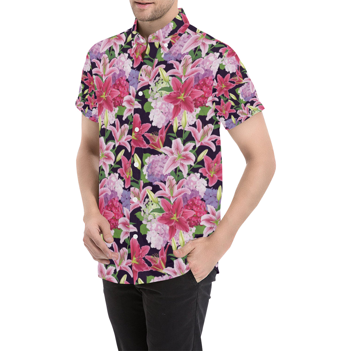 Lily Pattern Print Design LY017 Men's Short Sleeve Button Up Shirt