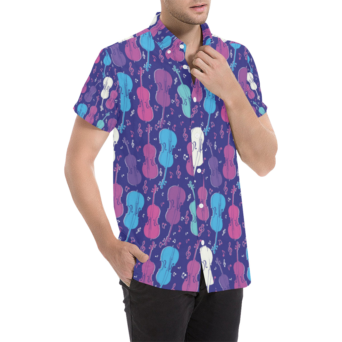 Cello Pattern Print Design 01 Men's Short Sleeve Button Up Shirt