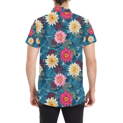 Water Lily Pattern Print Design WL05 Men's Short Sleeve Button Up Shirt
