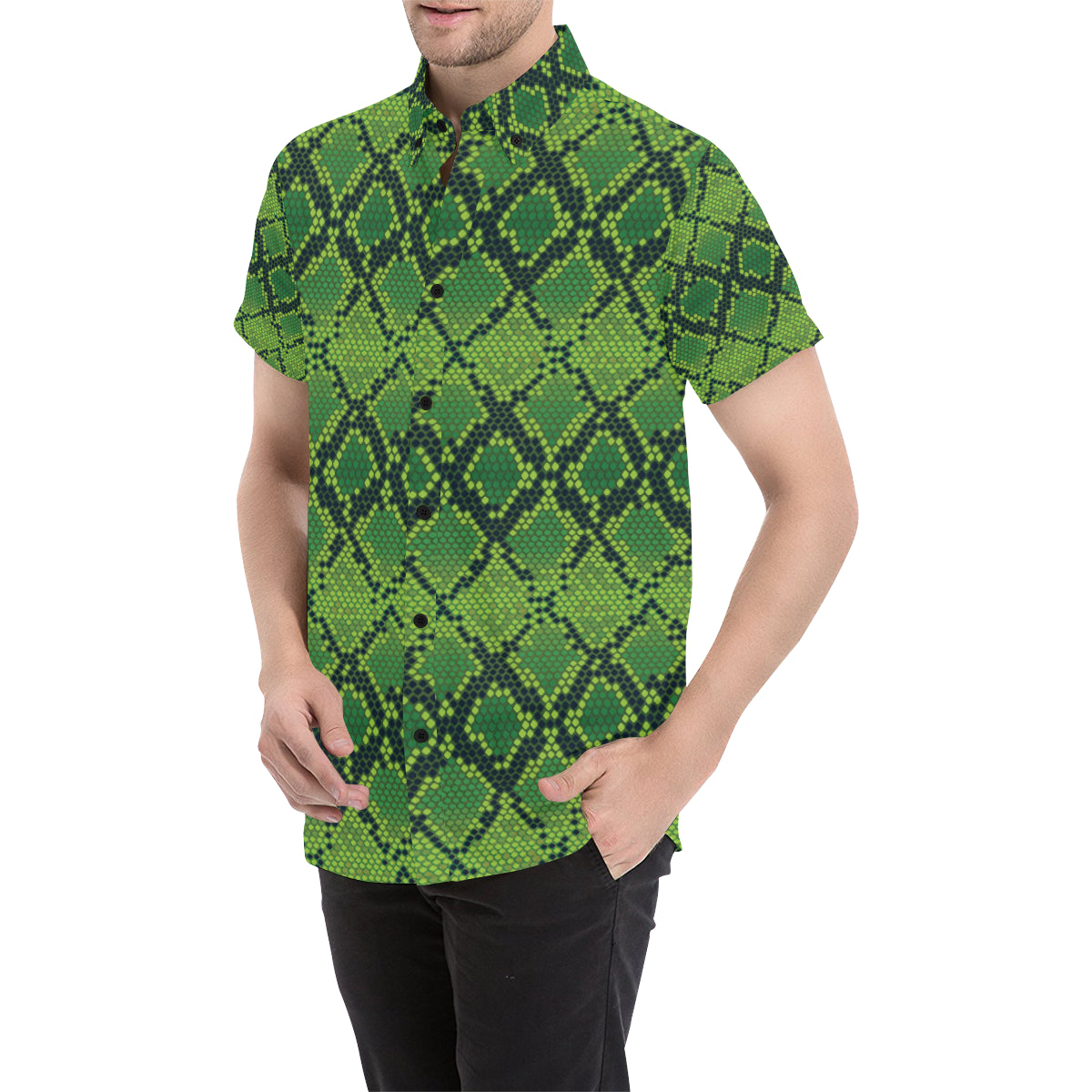 Python Green Pattern Print Design A01 Men's Short Sleeve Button Up Shirt