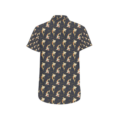 Koi Carp Japanese Design Themed Print Men's Short Sleeve Button Up Shirt