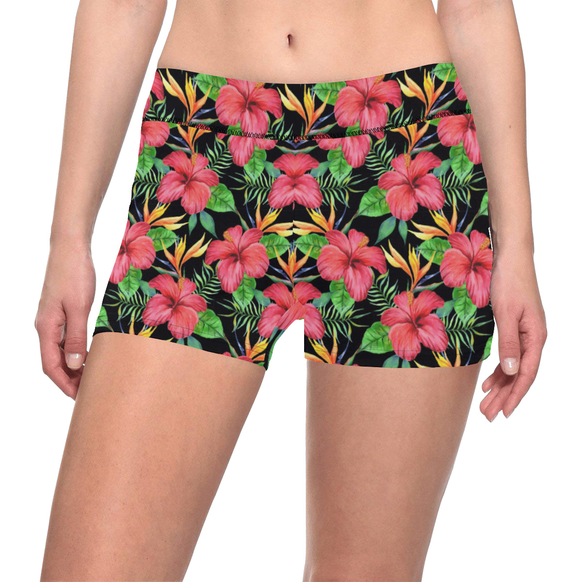 Red Hibiscus Pattern Print Design HB07 Yoga Shorts