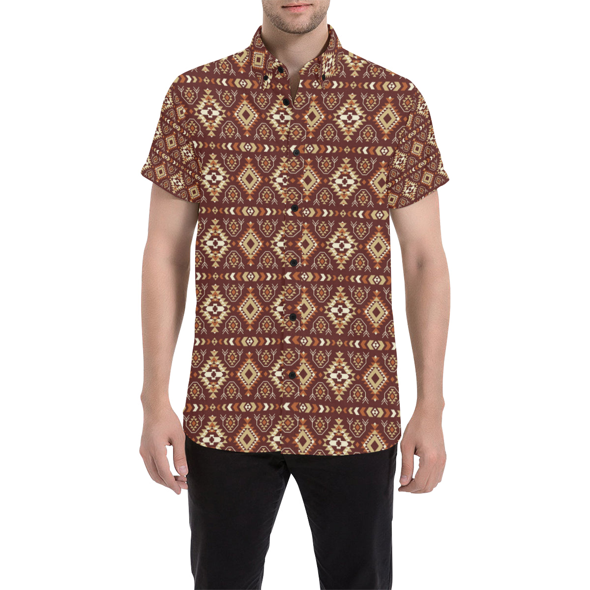 Navajo Native Color Print Pattern Men's Short Sleeve Button Up Shirt