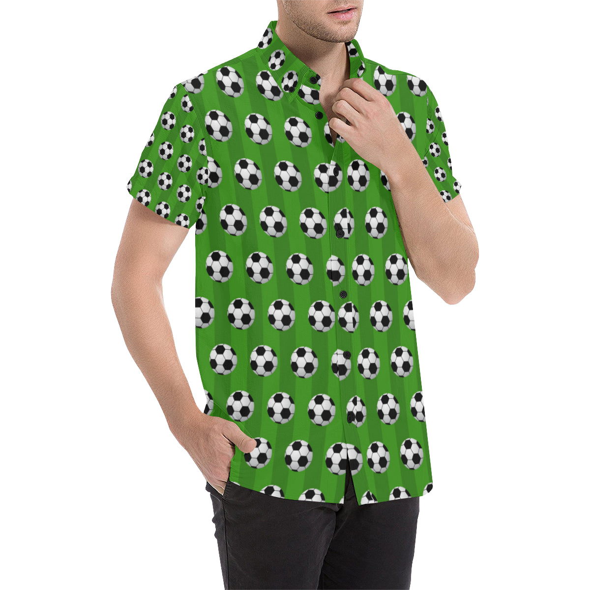 Soccer Ball Green Backgrpund Print Men's Short Sleeve Button Up Shirt