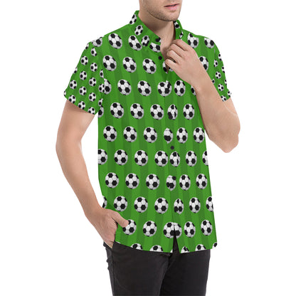 Soccer Ball Green Backgrpund Print Men's Short Sleeve Button Up Shirt