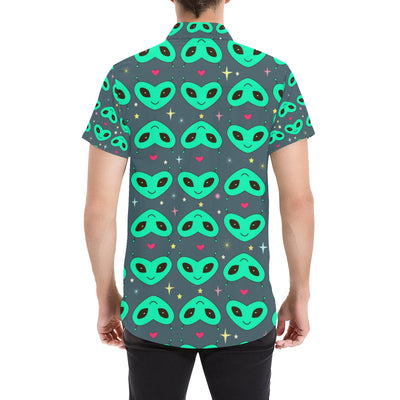 Alien Head Heart Pattern Print Design 03 Men's Short Sleeve Button Up Shirt