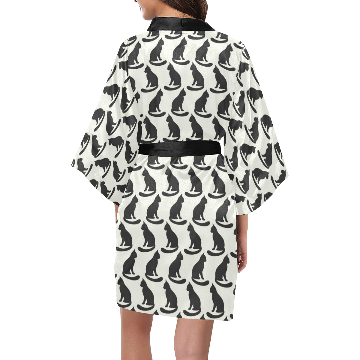 Black Cat Pattern Print Design 02 Women's Short Kimono