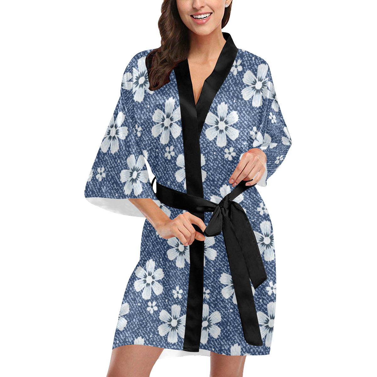 Jean Flower Pattern Print Design 03 Women's Short Kimono