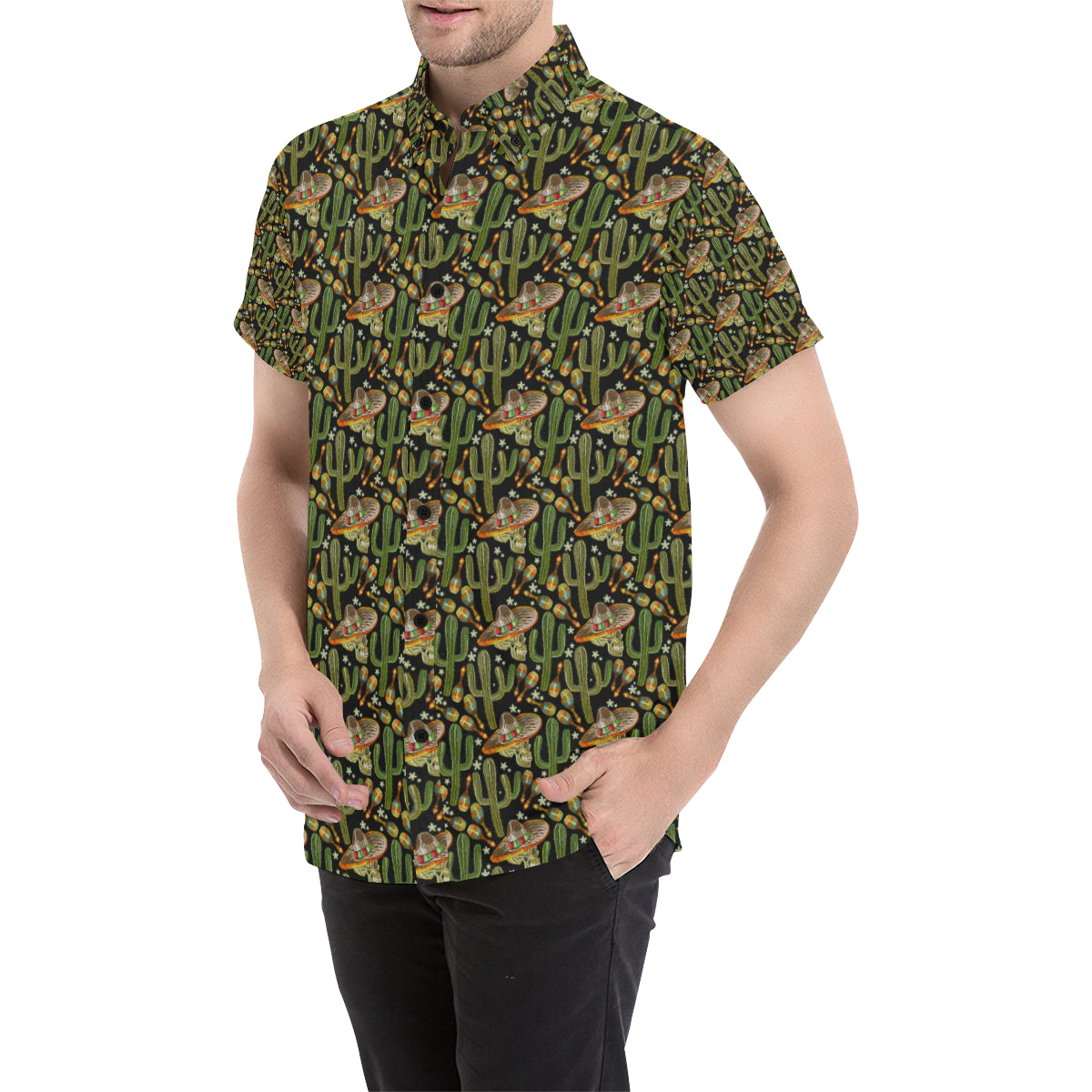 Western Style Print Men's Short Sleeve Button Up Shirt