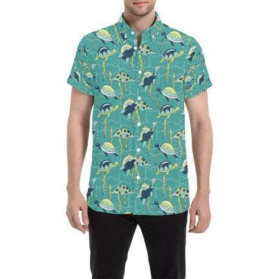 Sea Turtle Pattern Print Design T08 Men's Short Sleeve Button Up Shirt