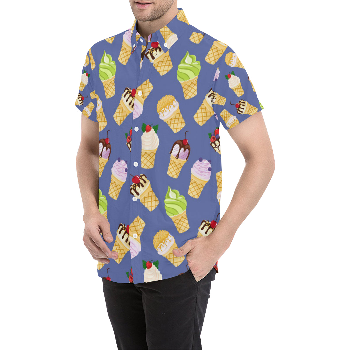 Ice Cream Pattern Print Design IC03 Men's Short Sleeve Button Up Shirt
