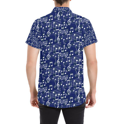 Music Note Blue Themed Print Men's Short Sleeve Button Up Shirt