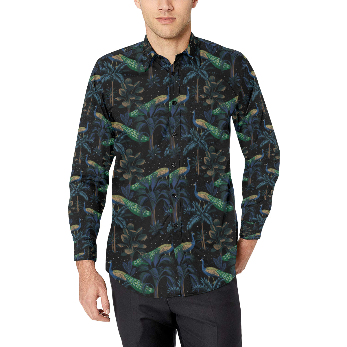 Rainforest Peacock Pattern Print Design A04 Men's Long Sleeve Shirt