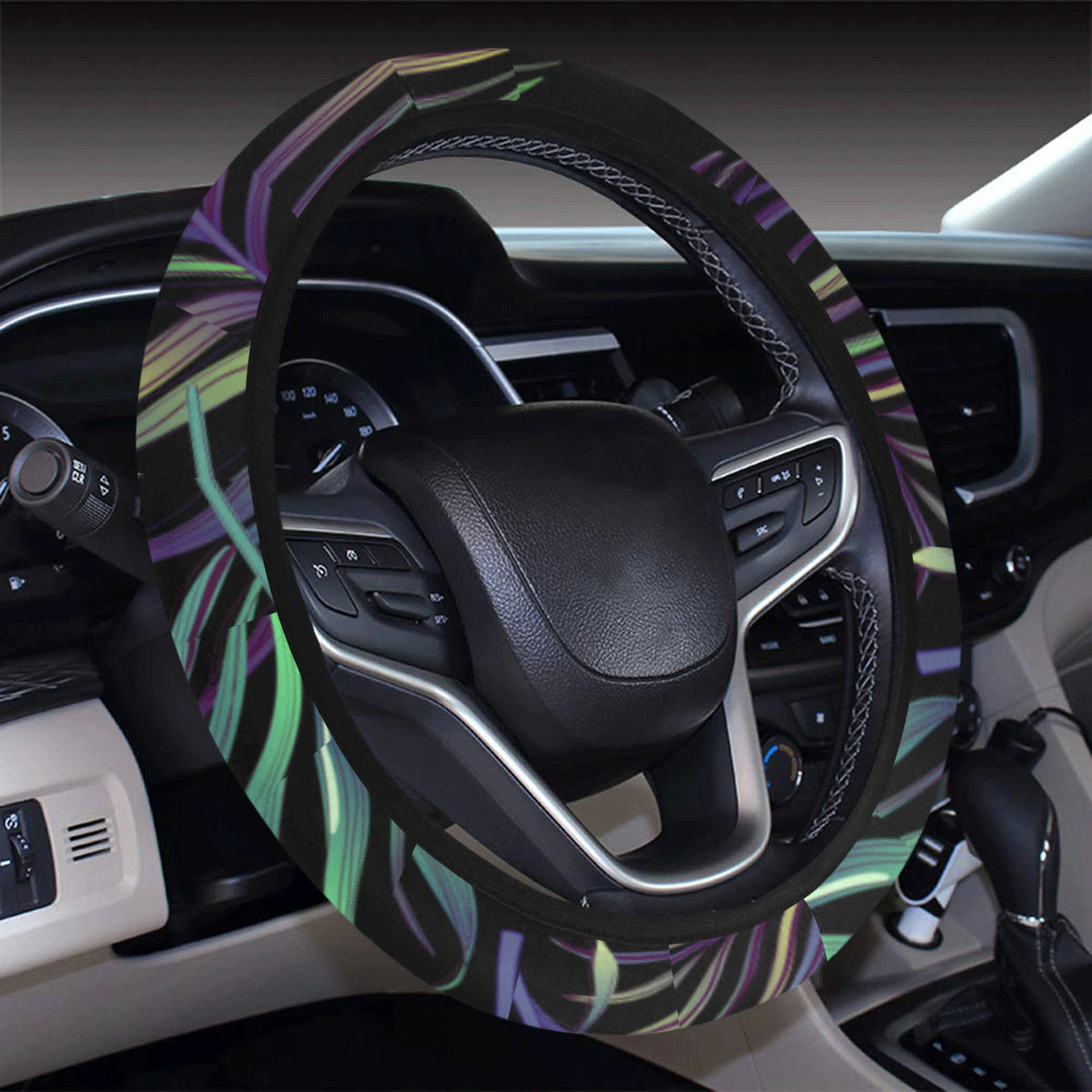 Tropical Palm Leaves Pattern Brightness Steering Wheel Cover with Elastic Edge