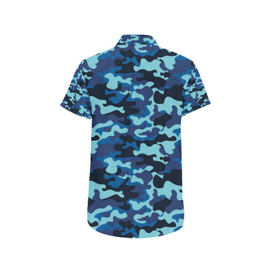 Camo Blue Pattern Print Design 04 Men's Short Sleeve Button Up Shirt