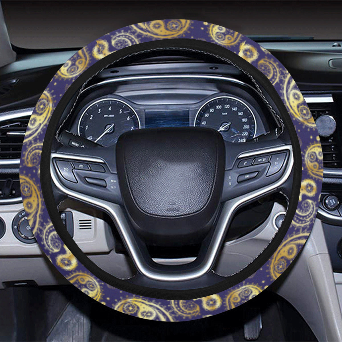 Paisley Blue Yellow Design Print Steering Wheel Cover with Elastic Edge