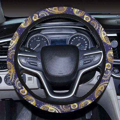 Paisley Blue Yellow Design Print Steering Wheel Cover with Elastic Edge