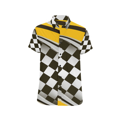Checkered Flag Racing Style Men's Short Sleeve Button Up Shirt