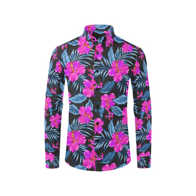 Neon Pink Hibiscus Pattern Print Design HB015 Men's Long Sleeve Shirt