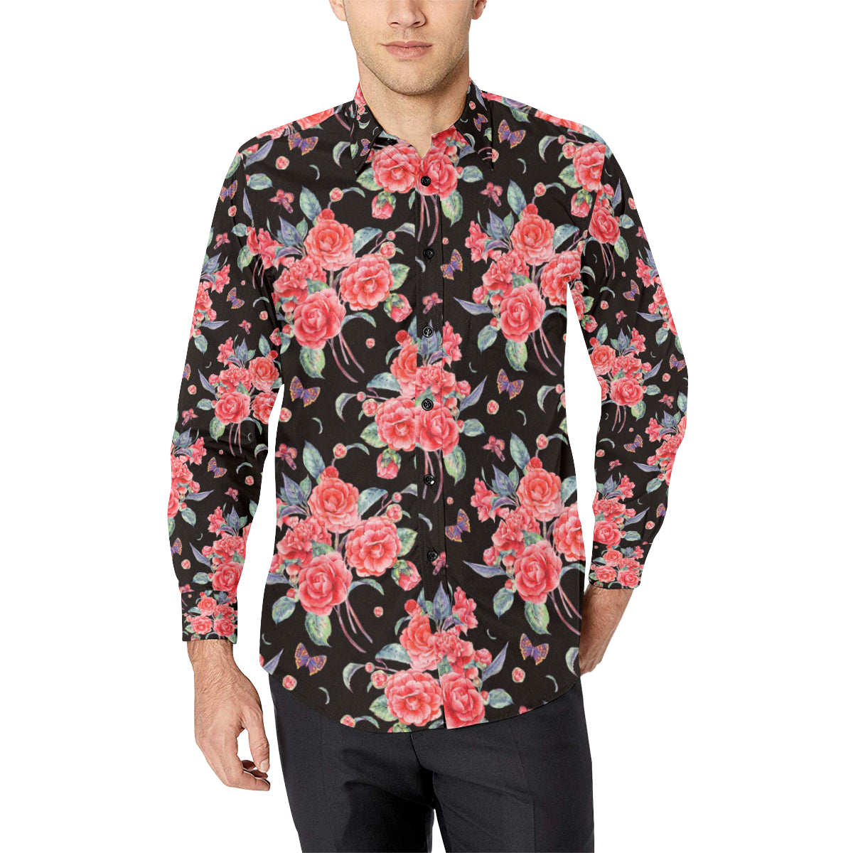 Camellia Pattern Print Design CM03 Men's Long Sleeve Shirt
