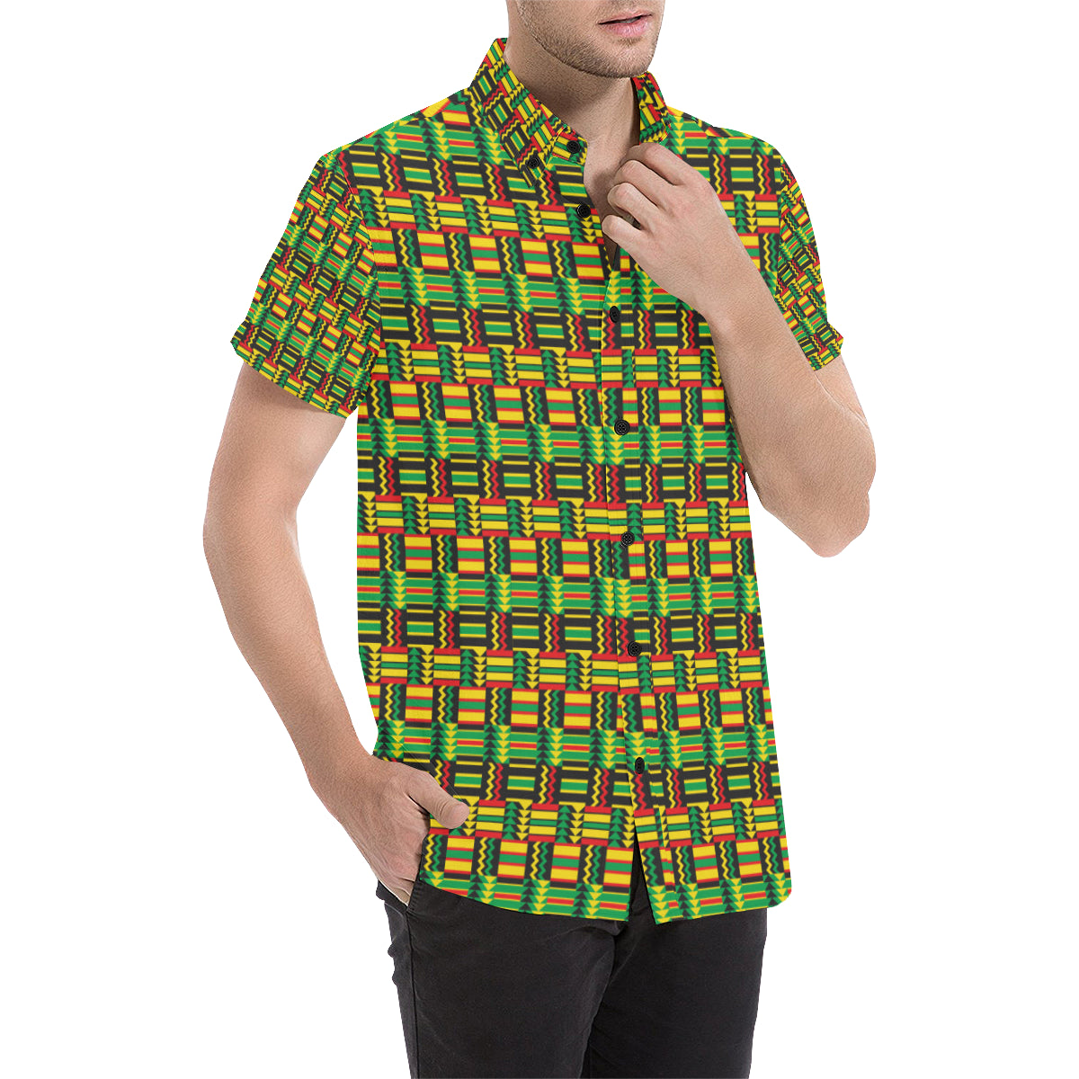 African Zip Zag Print Pattern Men's Short Sleeve Button Up Shirt