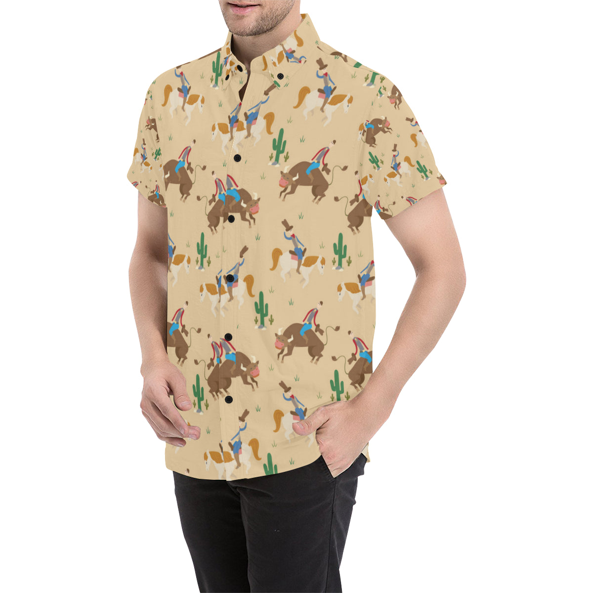 Rodeo Pattern Print Design A02 Men's Short Sleeve Button Up Shirt