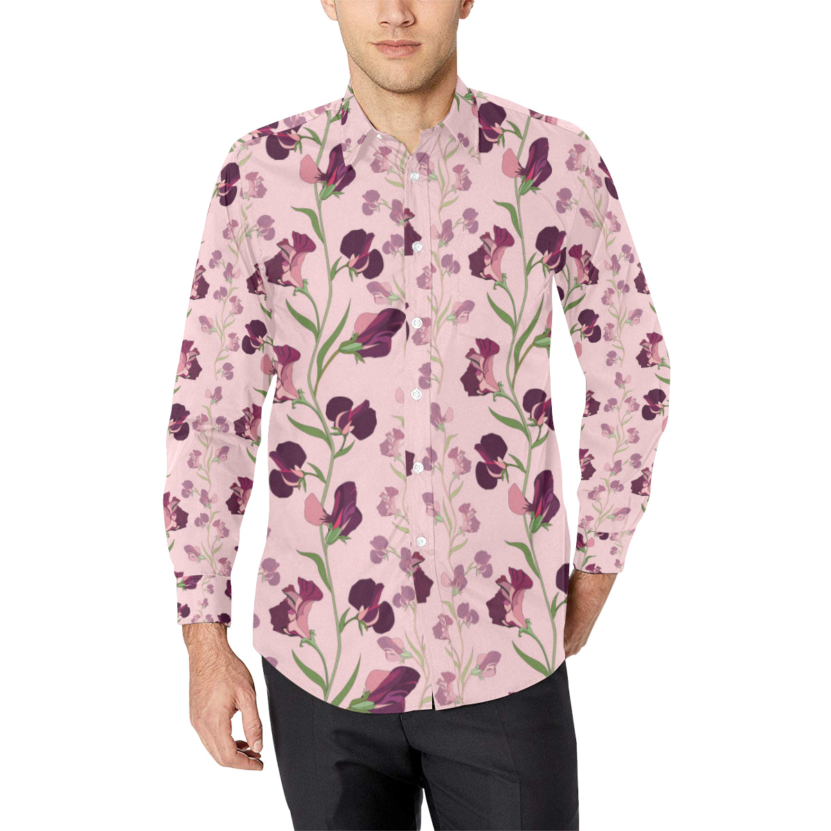 Peony Pattern Print Design PE09 Men's Long Sleeve Shirt