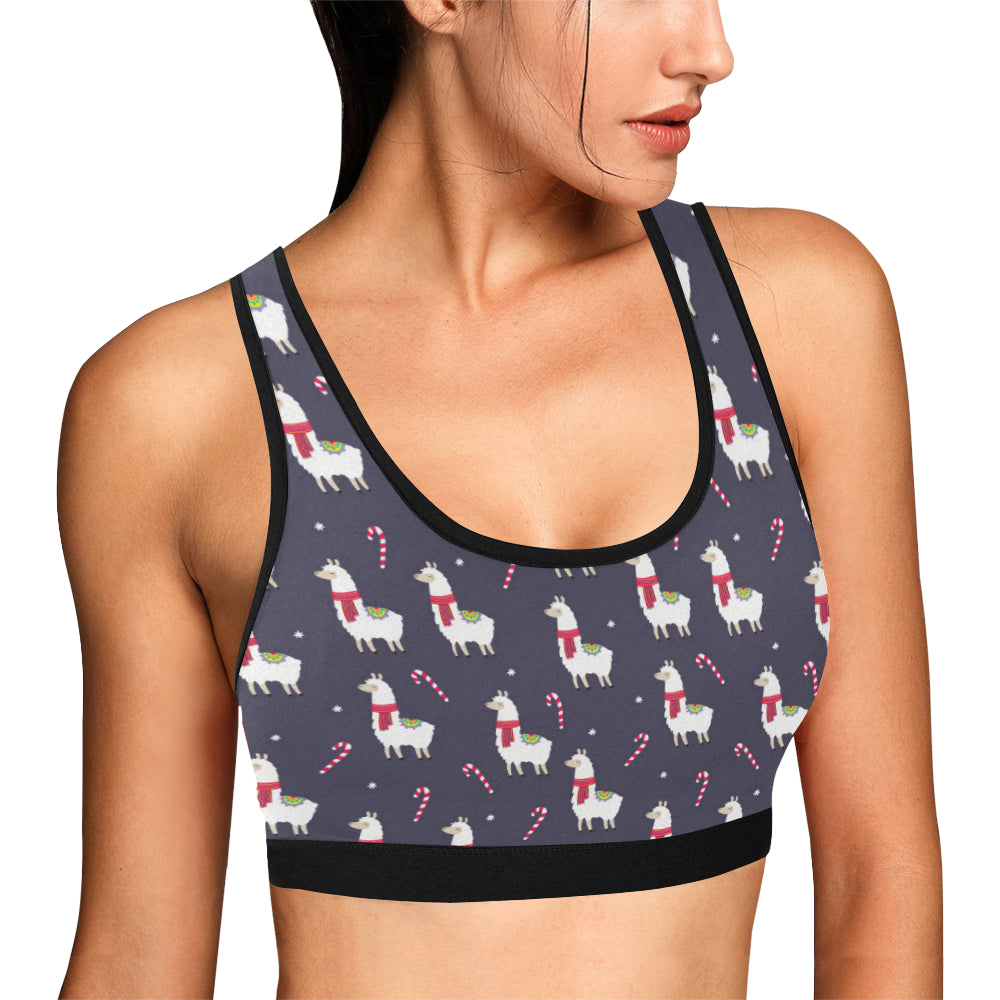 Llama with Candy Cane Themed Print Sports Bra