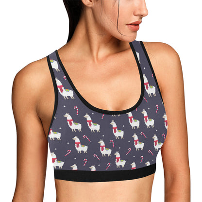 Llama with Candy Cane Themed Print Sports Bra
