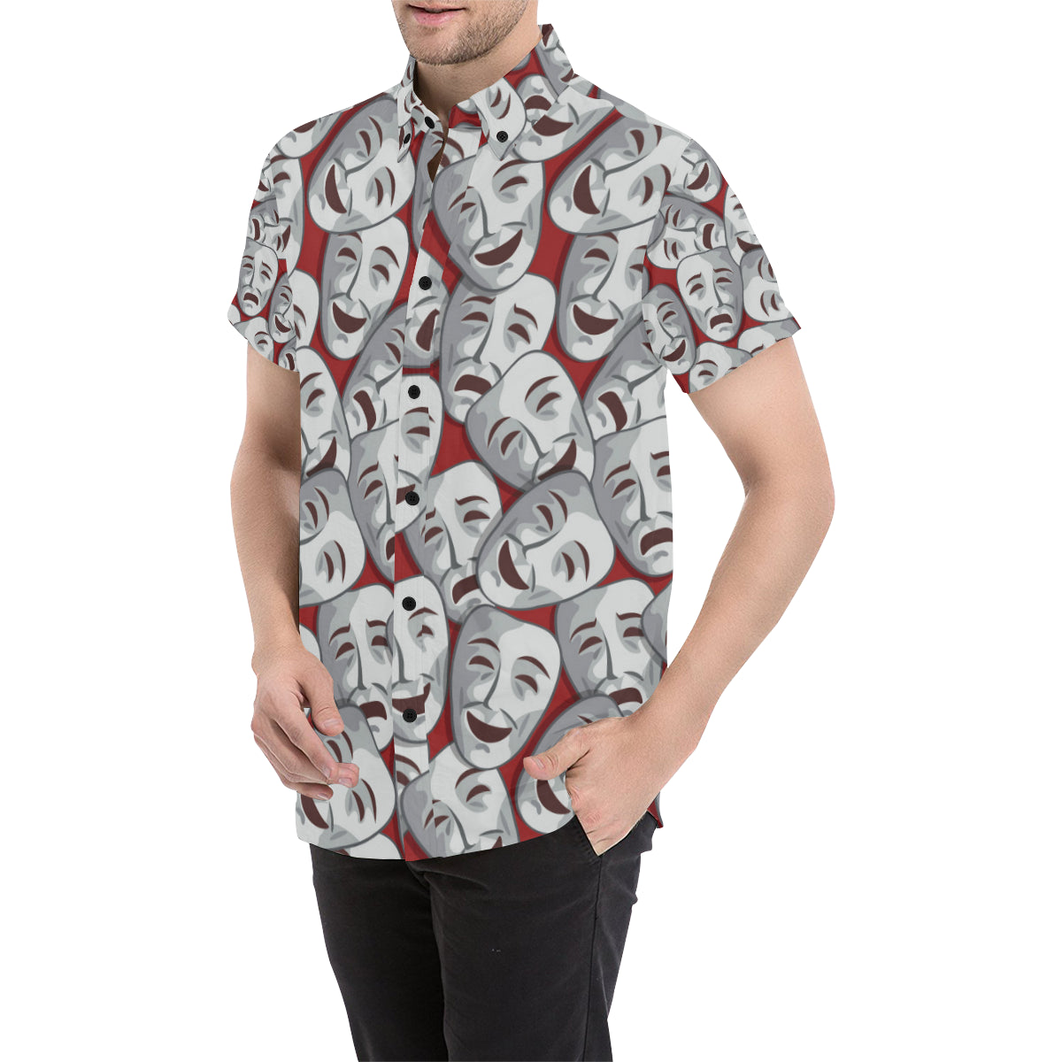 Acting Mask Pattern Print Design 01 Men's Short Sleeve Button Up Shirt