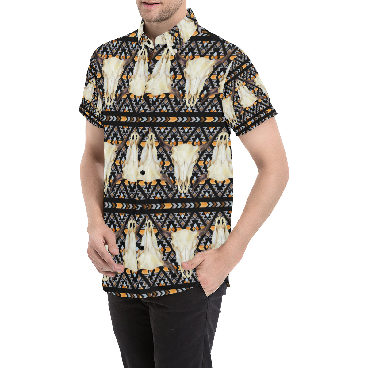 Buffalo Head Pattern Print Design 03 Men's Short Sleeve Button Up Shirt