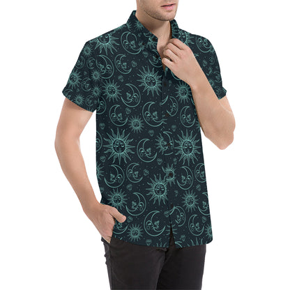 Sun Moon Magic Design Themed Print Men's Short Sleeve Button Up Shirt