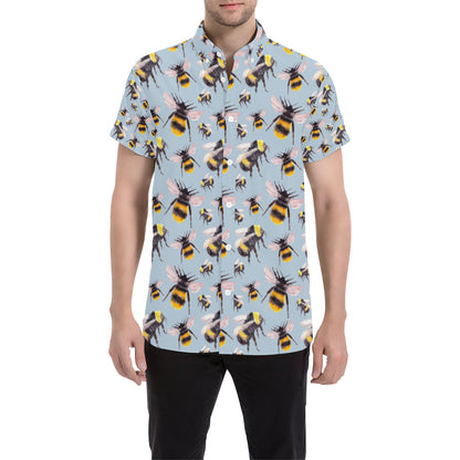 Bee Pattern Print Design BEE08 Men's Short Sleeve Button Up Shirt