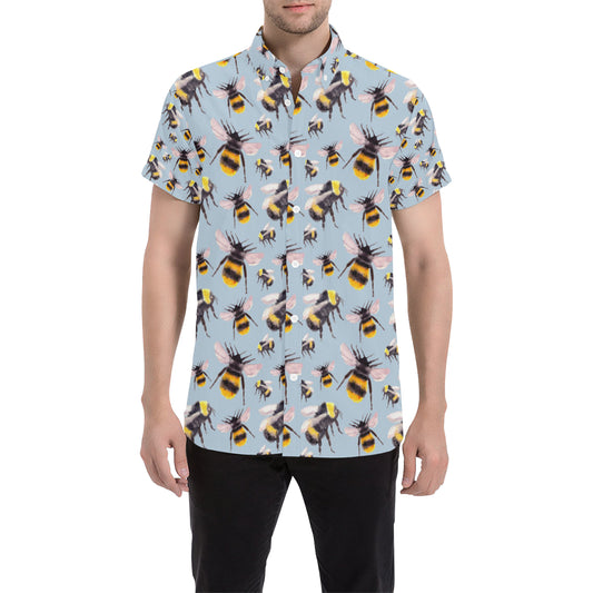 Bee Pattern Print Design BEE08 Men's Short Sleeve Button Up Shirt