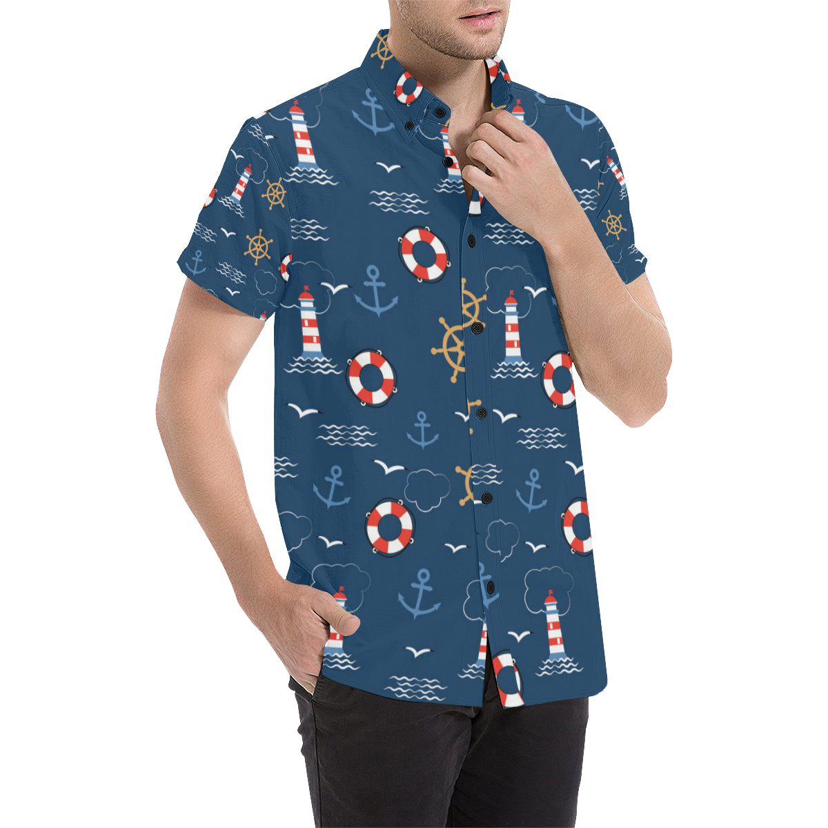Nautical Pattern Print Design A06 Men's Short Sleeve Button Up Shirt