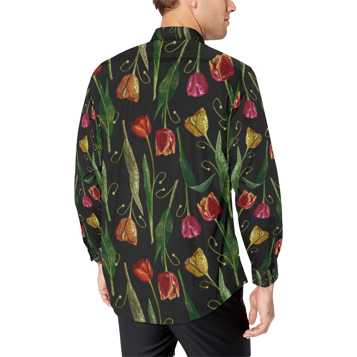 Tulip Embroidered Pattern Print Design TP01 Men's Long Sleeve Shirt