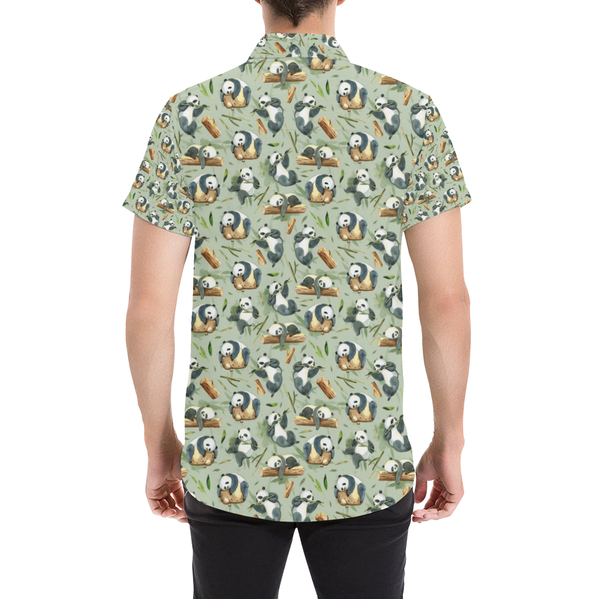Panda Bear Design Bamboo Print Men's Short Sleeve Button Up Shirt