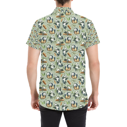 Panda Bear Design Bamboo Print Men's Short Sleeve Button Up Shirt
