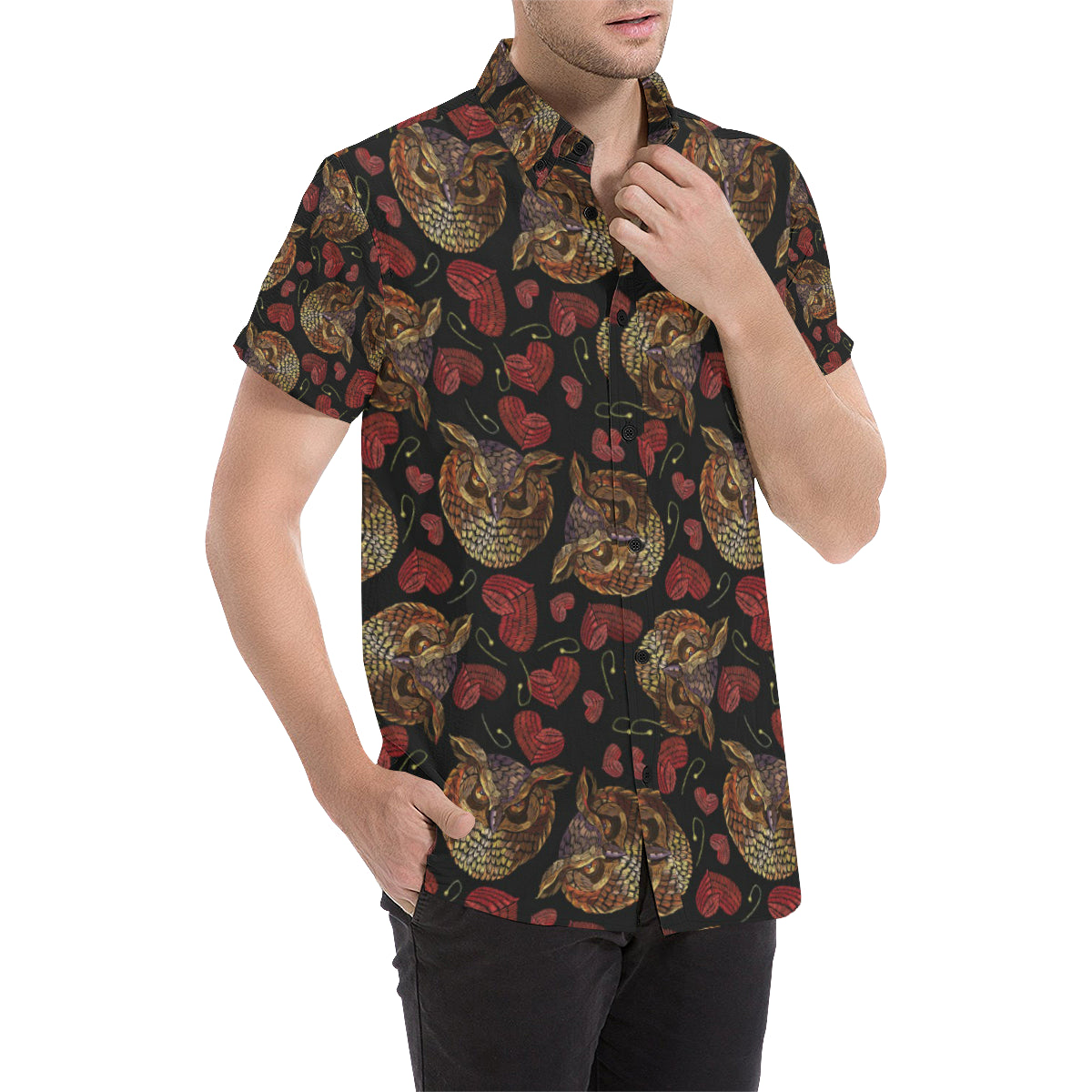 Owl Pattern Print Design A08 Men's Short Sleeve Button Up Shirt