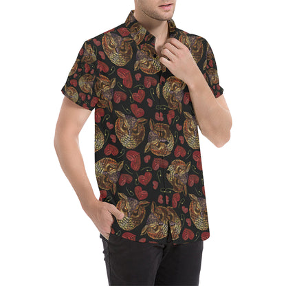 Owl Pattern Print Design A08 Men's Short Sleeve Button Up Shirt