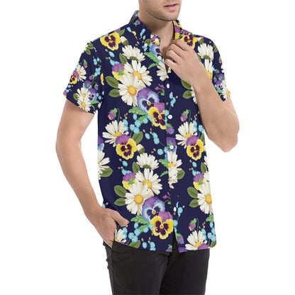 Pansy Pattern Print Design PS03 Men's Short Sleeve Button Up Shirt