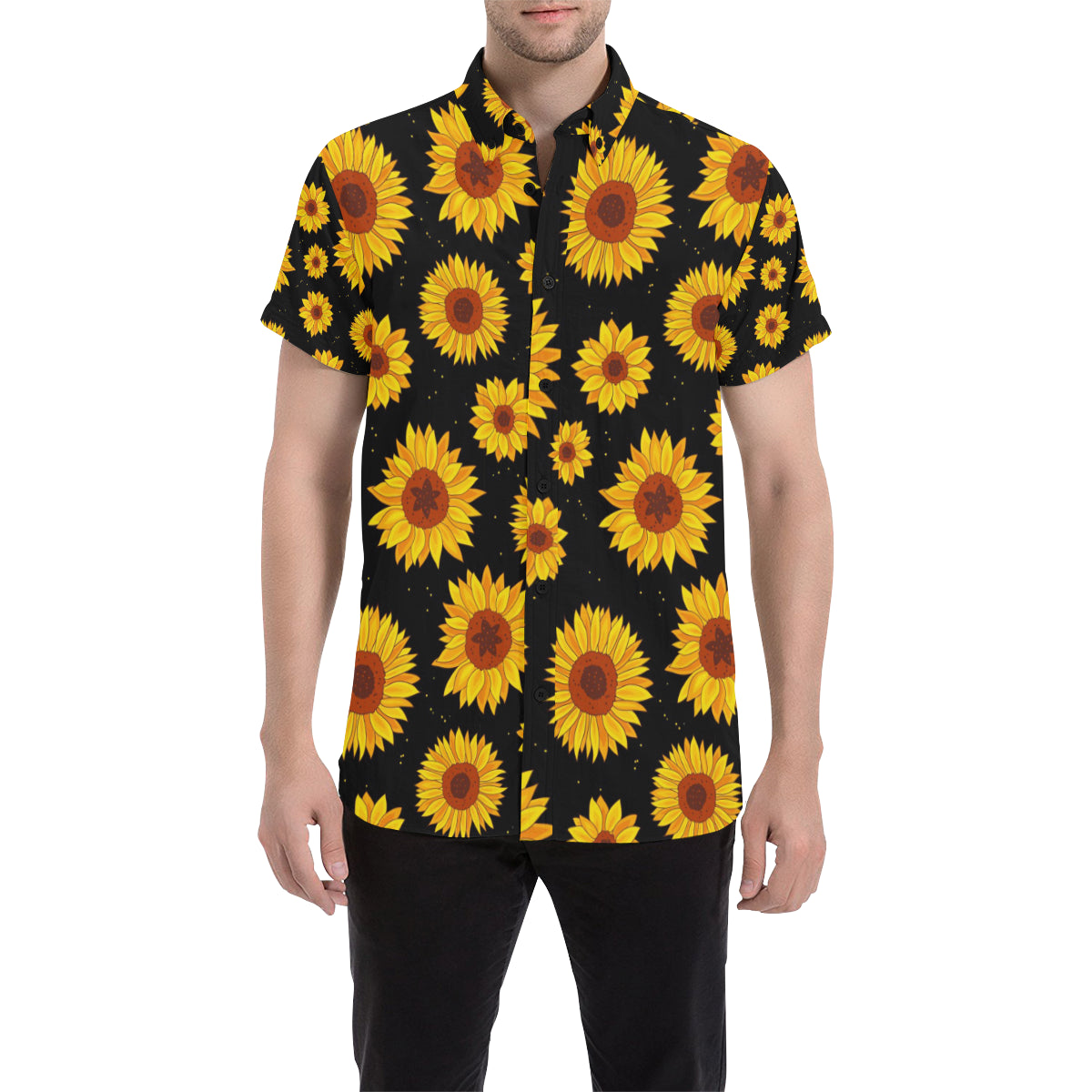 Sunflower Pattern Print Design SF09 Men's Short Sleeve Button Up Shirt