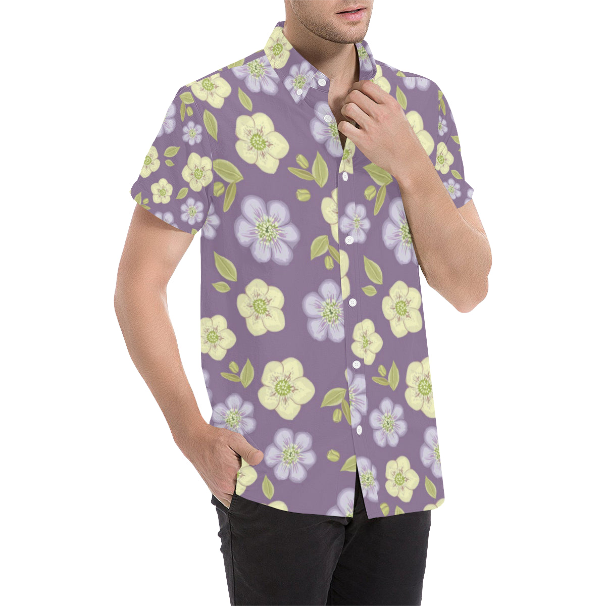 Anemone Pattern Print Design AM013 Men's Short Sleeve Button Up Shirt