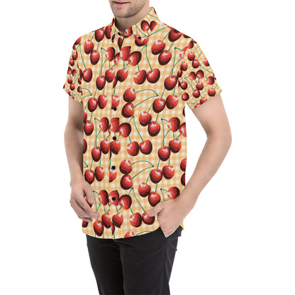 Cherry Orange Plaid Print Men's Short Sleeve Button Up Shirt