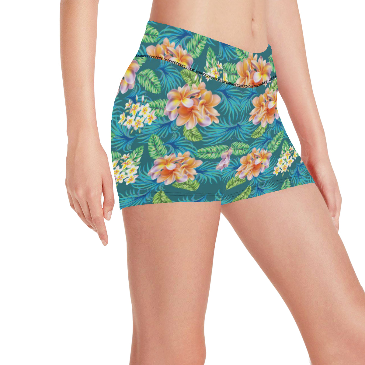 Plumeria Tropical Flower Design Print Yoga Shorts