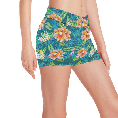 Plumeria Tropical Flower Design Print Yoga Shorts